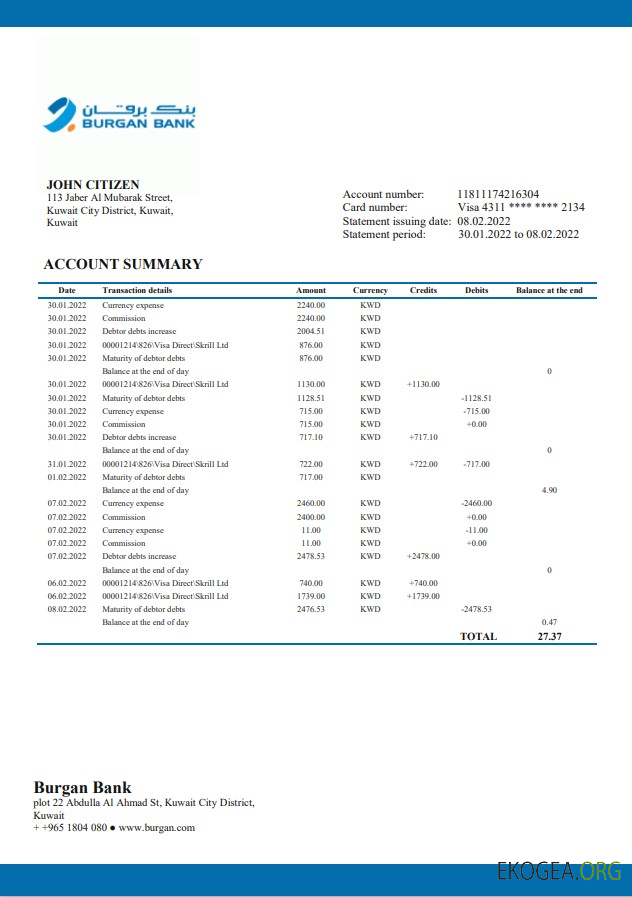 Relevé de la Koweït Burgan Bank template Relevé de la Koweït Burgan Bank template